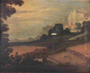 A Group Of Farm Workers Resting In An Autumn Landscape, Others Harvesting Wheat Beyond by Paul Bril