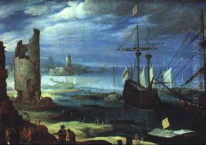 Sudlicher Hafen Mit Schiffen Und Vielen Figuren by Paul Bril