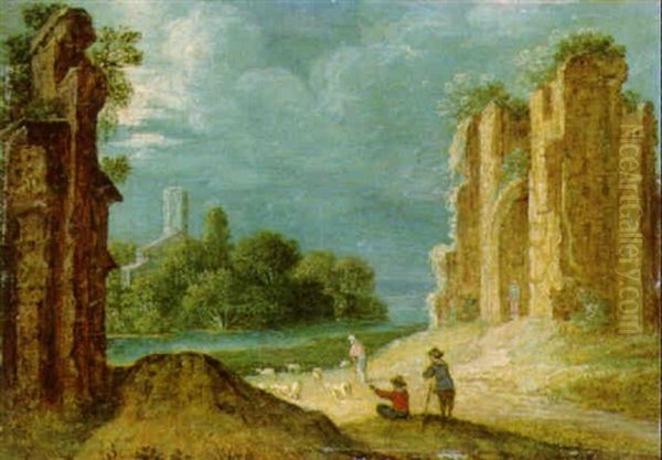 Peasants By Ruins, A River And A Tower Beyond - view 1