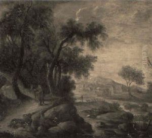 River Landscape With Figure And Horse On A Path In Foreground River Landscape With Figure And Horse On A Path In Foreground