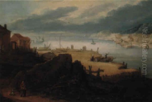River Landscape With Moored Boats And Figures - view 1