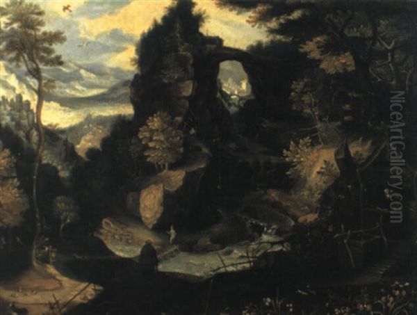 Bewaldete Gebirglandschaft Mit Einsiedlern - view 1