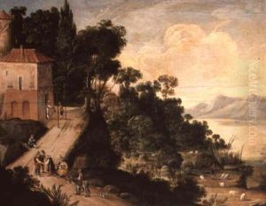 River Landscape With Figures Outside An Inn