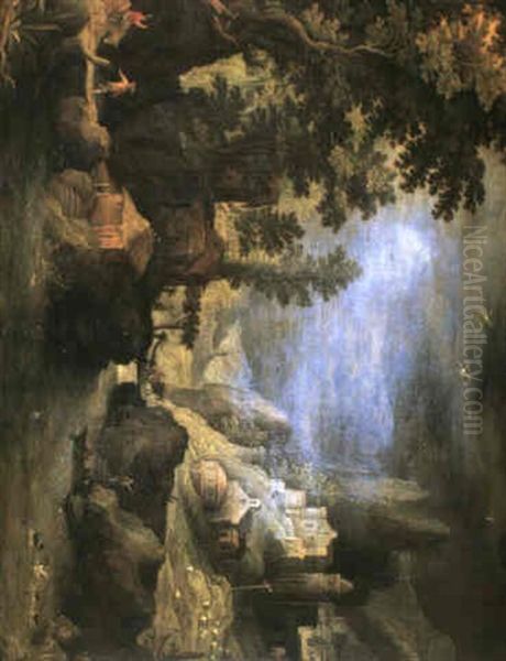 Figures With A Donkey Travelling Along A Riverside Path     Whilst Other People Are Crossing A Bridge Leading To A - view 1