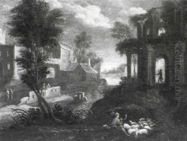 River Landscape With Shepherds And Their Flock - view 1