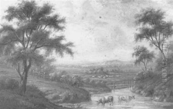An Extensive River Landscape & Cattle Watering In A River... & Cottages In An Extensive River Landscape - view 1