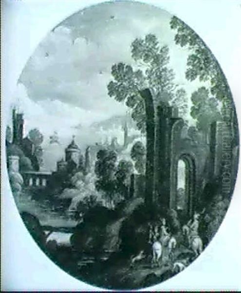 Huntsmen Rideing Before Classical Ruins Overlooking A River - view 1