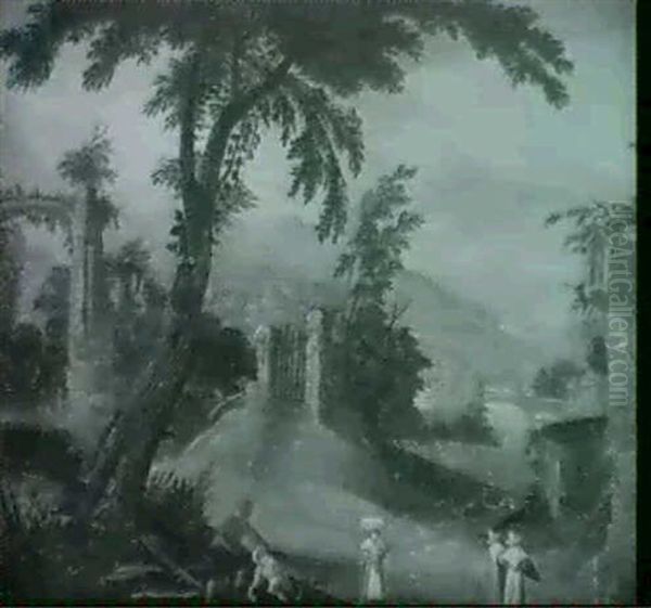 Paysage Montagneux Aux Petits Ponts, Anime De Personnages   Et Chasseur - view 1