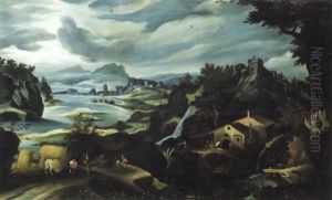 Paesaggio Fluviale Con  Mulino E Contadini