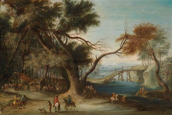 Bewaldete Landschaft Mit Einer Brucke Und Reitern - view 1