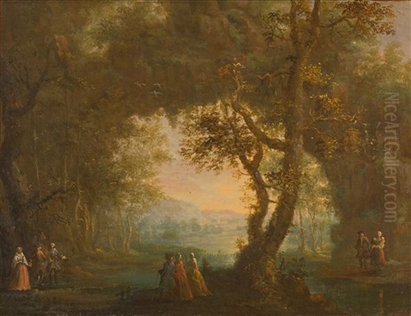 Bewaldete Landschaft Mit Bauern Und Hofischer Gesellschaft - view 1