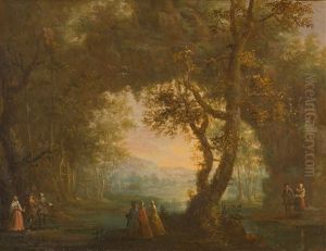 Bewaldete Landschaft Mit Bauern Und Hofischer Gesellschaft by Philipp Hieronymus Brinckmann