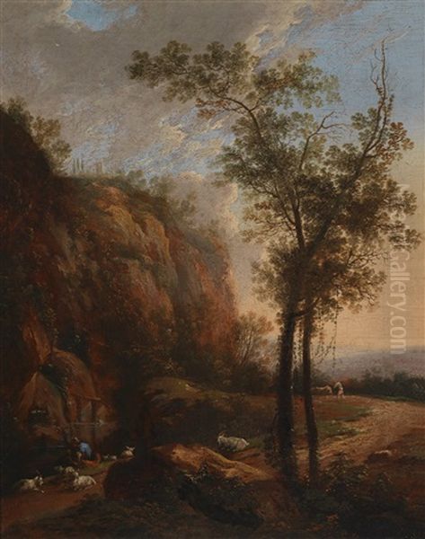 Felsige Landschaft Mit Rastender Ziegenherde Und Hirten - view 1