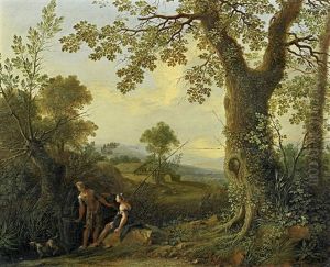 Bewaldete Landschaft Mit Einem Fischerpaar by Philipp Hieronymus Brinckmann