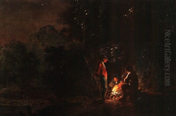 Nachtszene An Einem Waldrand Mit Drei Mannern An Einem Lagerfeuer - view 1