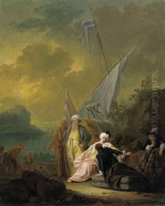 Vornehme Gesellschaft Bei Der Entladung Eines Schiffes In Einem Sudlichen Hafen by Philipp Hieronymus Brinckmann