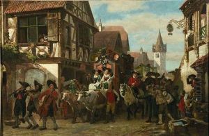 Der Brautwagen. Begleitet Von Musikanten Und Gratulanten Fahrt Ein Reich Geschmuckter Brautwagen Durch Ein Elsassisches Stadtchen by Brion, Gustave