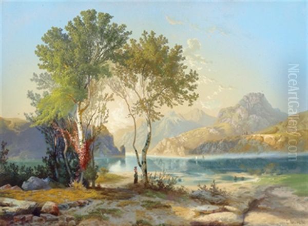 Sonnige Landschaft Mit Segelbooten Auf Einem See Im Gebirge - view 1