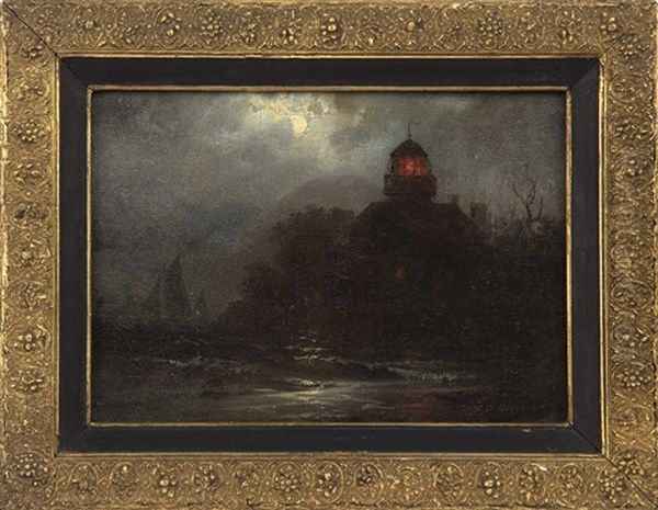 Lighthouse And Sailboat Under Moonlight - view 1