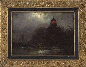 Lighthouse And Sailboat Under Moonlight by Franklin Dullin Briscoe