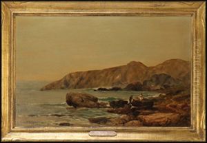 Figures Picnicking On Rock Ledge Along A Coastline by Franklin Dullin Briscoe