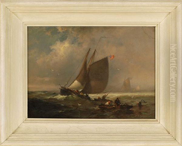 Offshore Fishing Scene With A Large Vessel Flying An American Flag Surrounded By Smaller Boats With Fishermen Hauling Nets - view 1