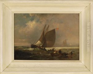 Offshore Fishing Scene With A Large Vessel Flying An American Flag Surrounded By Smaller Boats With Fishermen Hauling Nets by Franklin Dullin Briscoe