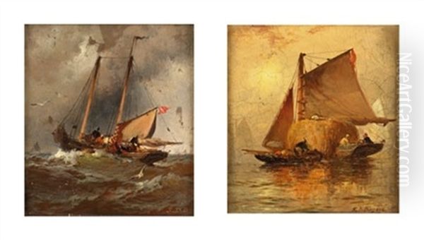 Sailboats At Sunset (+ Fishing Boat In Stormy Waters; Pair) - view 1