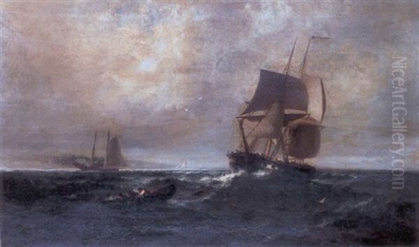 Sailing Ships And A Row Boat In Stormy Waters - view 1