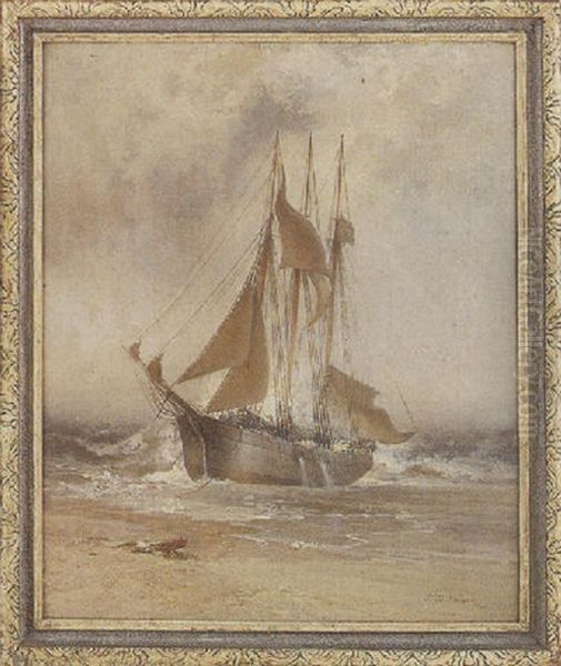 Coastal Scene Of A Beached Sailing Vessel - view 1
