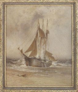 Coastal Scene Of A Beached Sailing Vessel by Franklin Dullin Briscoe