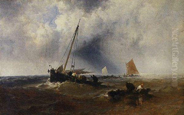 A Shipwreck With Men Along The Beach - view 1