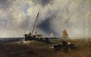 A Shipwreck With Men Along The Beach A Shipwreck With Men Along The Beach