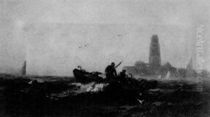 Fishing Boat Off The Shore by Franklin Dullin Briscoe
