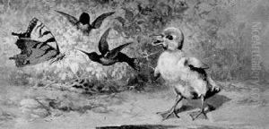 Signs Of Spring: A Scene With A Duckling, Hummingbirds And A Butterfly by Franklin Dullin Briscoe