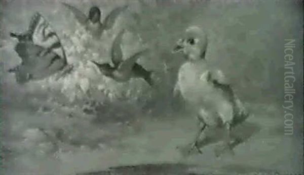 Signs Of Spring/a Scene With A Duckling, Hummingbirds And A Butterfly - view 1