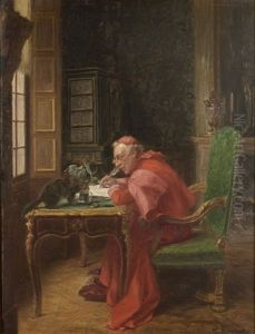 Cardinal A Son Bureau, Son Chat Buvant Dans Sa Tasse