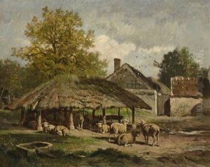 Schafherde Vor Dem Bauernhof by Felix Saturnin Brissot de Warville