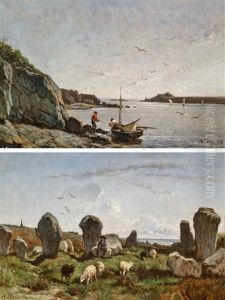 Zwei Gemalde. A) Pecheurs Bretons B) Megalithes En Bretagne