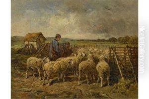 Schafer Mit Seiner Herde Am Gatter