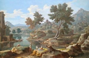 Weite Italienische Flusslandschaft Mit Architektur, Im Vordergrund Figurenstaffage Mit Wascherinnen