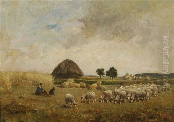 A Shepherd And His Flock In A Meadow - view 1