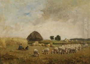 A Shepherd And His Flock In A Meadow by Felix Saturnin Brissot de Warville