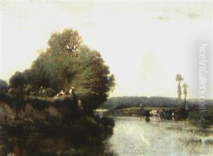 Flusslandschaft Mit Fischern Und Kuhen Flusslandschaft Mit Fischern Und Kuhen