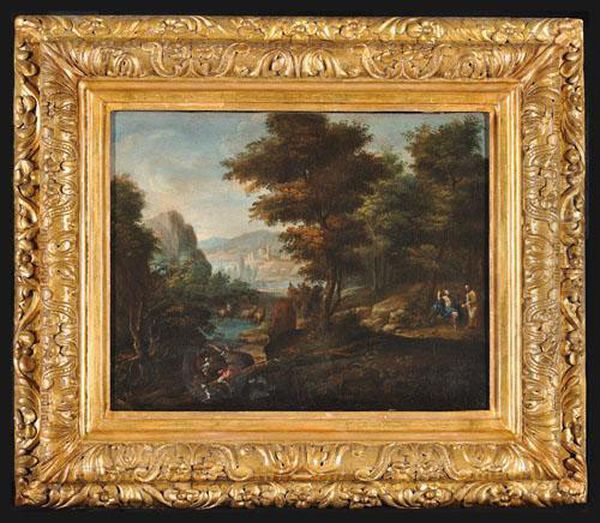 Paesaggio Fluviale Boschivo Con Scena Biblica - view 1