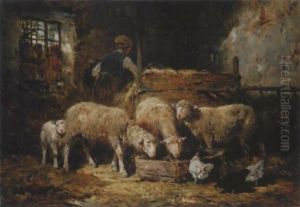 Im Stall - Bauerin Beim Futtern Der Schafe Und Huhner by Felix Saturnin Brissot de Warville
