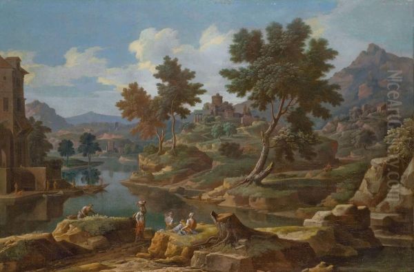 Personnages Dans Un Paysage Fluvial Italien - view 1