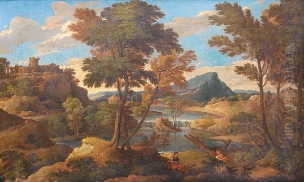 A Wooded River Landscape With Figures Restingbeside A Path - view 1