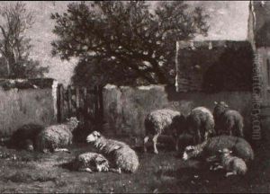 Weidende Schafe Vor Einer Mauer Des Gehofts by Felix Saturnin Brissot de Warville