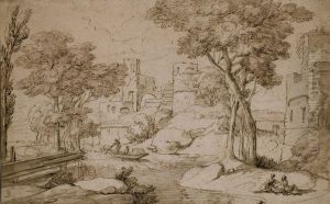Paysage, Une Ville A L'arriere-plan by Etienne Allegrain